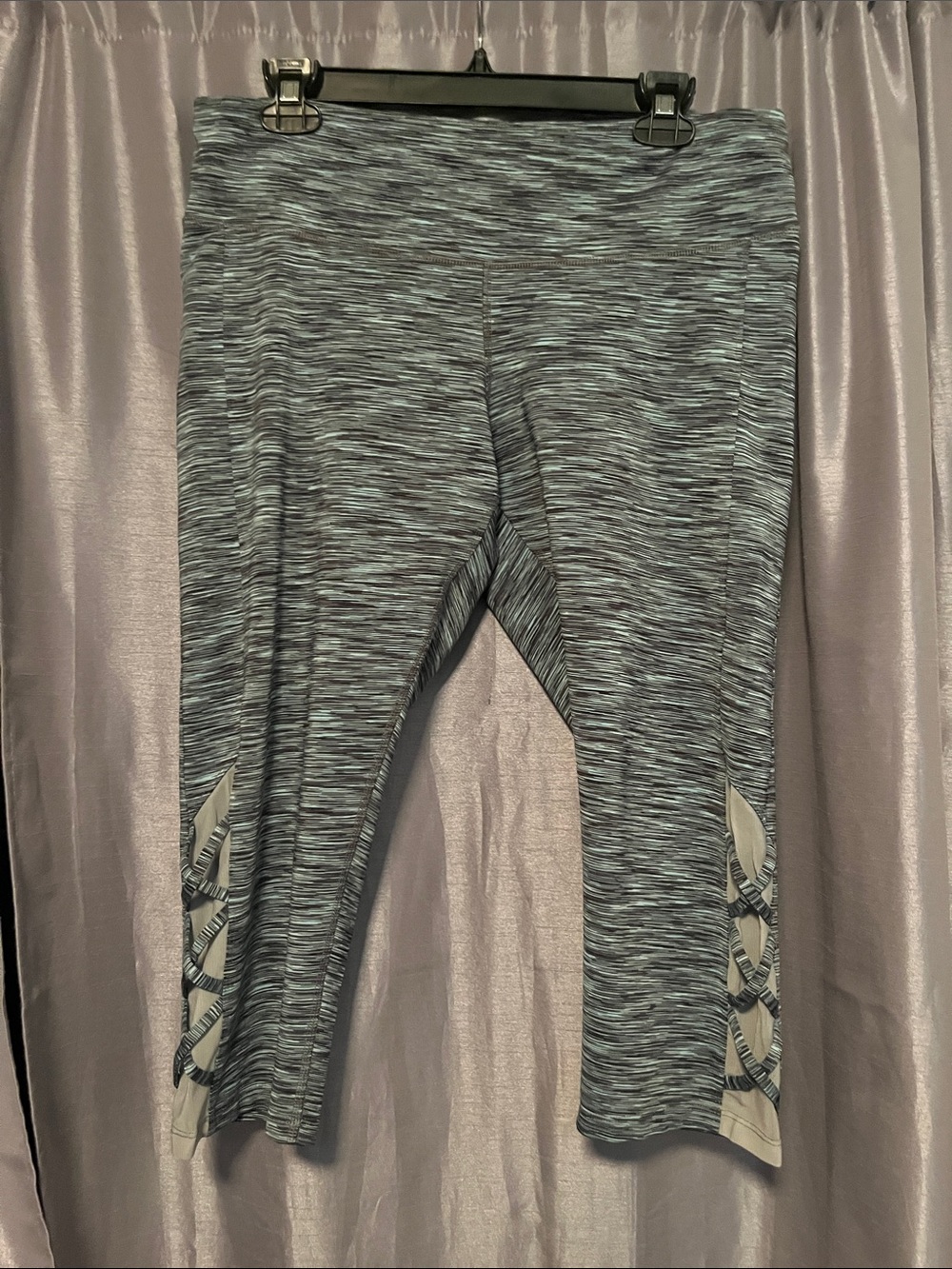 Champion Gray and Aqua Space-Dye Capri Track Pants with Side Lattice Detail